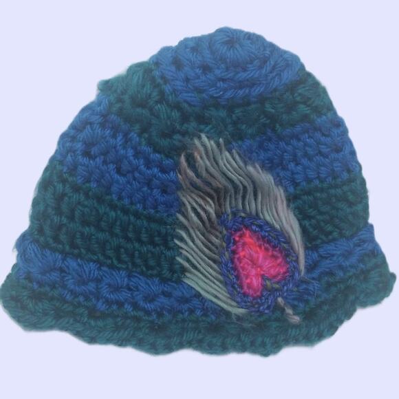 NEW Crochet Peacock Feather Hat Hand Crafted Green Blue Pink Colors Warm Beanie - Picture 9 of 12